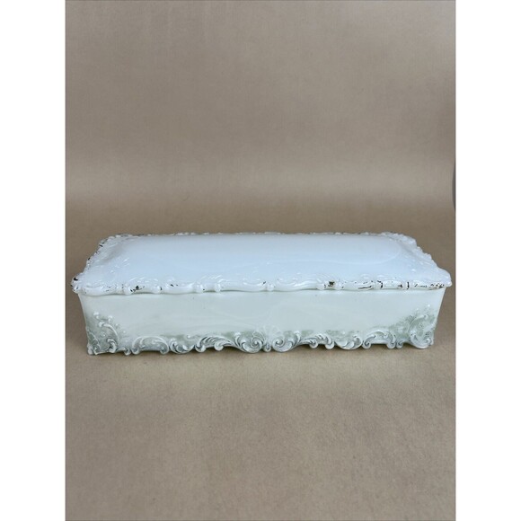 Antique Milk Glass Early Victorian White Opaque Jewelry/Vanity/Trinket Box 10x4” - Picture 1 of 16